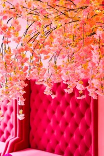 Vintage decoration in pink with plush sofa as furnishing, flowers, interior, design, upholstery,