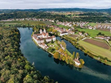 Aerial view of the former Benedictine abbey with the monastery church of St Mary and the pointed