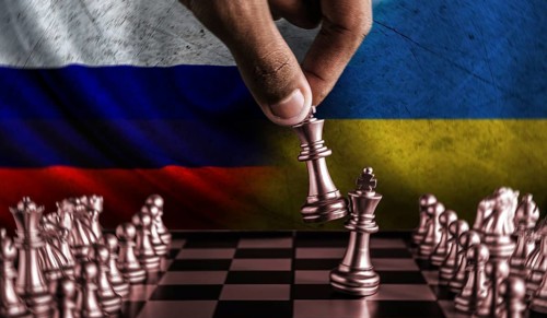 Russia vs Ukraine conflict concept on chessboard. Political tension of Russia and Ukraine