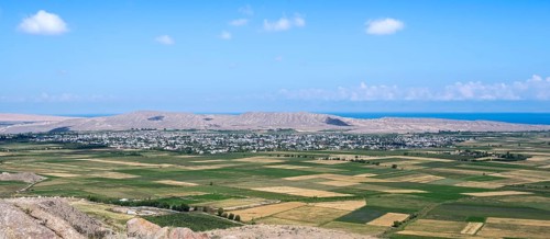 Kyzyl Suu, Kyrgyz village between fields, local view, Issyk Kul region, Kyrgyzstan, Asia