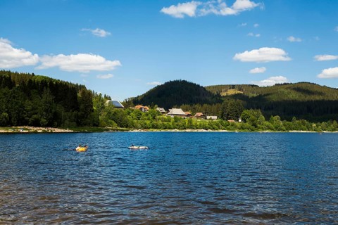 Lake and mountains in summer, Schluchsee, Black Forest, Baden-Württemberg, Germany, Europe