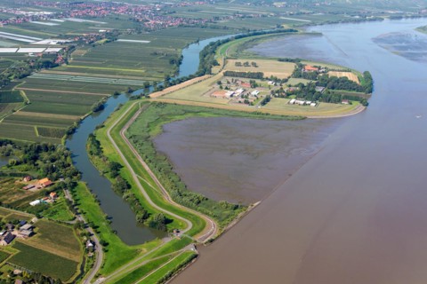 Aerial view, island, Elbe, Elbe island, prison, Hahnöfersand, Borsteler Binnenelbe, Tiede, dyke,