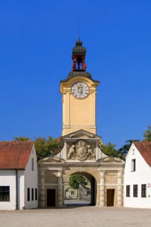 Europe, Germany, Bavaria, Danube, Ingolstadt, New Palace, View to the baroque clock tower, Bavarian