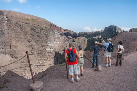 Tourists on a path along the crater edge, Vesuvius, near Naples, Parco Nazionale del Vesuvio,