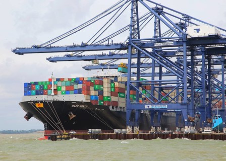 Cape Kortia container ship at quayside, Port of Felixstowe, Suffolk, England, UK