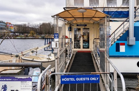 Detailed photo of a former hostel ship on the Spree at the Oberbaum Bridge, Berlin, Germany, Europe