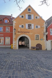 Schranne, building with passageway, inscription, Feuchtwangen, Middle Franconia, Franconia,