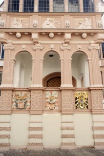 Town hall, coat of arms on the façade, Lemgo, North Rhine-Westphalia, Germany, Europe