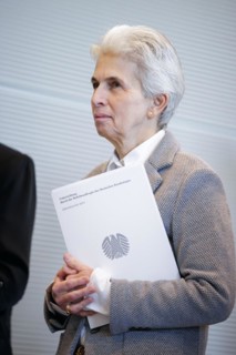 Marie-Agnes Strack Zimmermann, Member of the Bundestag, FDP, holds the 2023 Defence Report in her