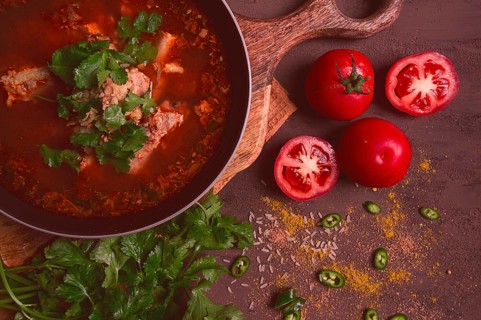 Kharcho soup, traditional Georgian dish, spicy soup, red, homemade, no people