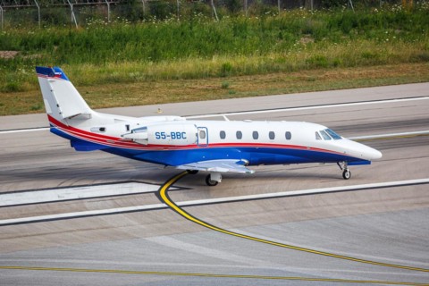 A Cessna 560XL Citation XLS aircraft of Air Adriatic with registration S5-BBC at Skiathos Airport,