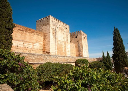 Fortified walls of the Alcazaba castle in the Alhambra complex, Granada, Spain, Europe