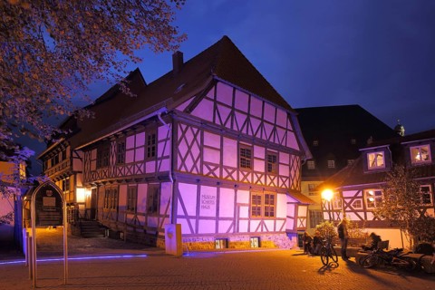 Leaning house and museum at night, half-timbered house, blue hour, twilight, night shot,