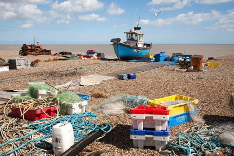 Fishing boats and equipment on the beach at Aldeburgh, Suffolk, England, United Kingdom, Europe