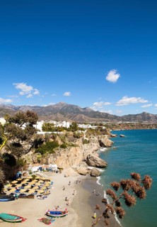 Playa Calahonda sandy beach at popular holiday resort town of Nerja, Malaga province, Spain, Europe