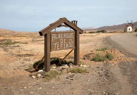 Sign for Albergue de Tefia, Fuerteventura, Canary Islands, Spain, Europe