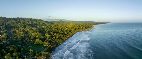 Aerial view, view of Cahuita National Park, coast and coastal landscape with forest, Cahuita,
