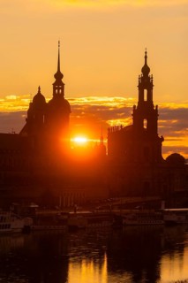 Sunset over Dresden's historic city centre with Ständehaus, Georgentor, Residenzschloss and