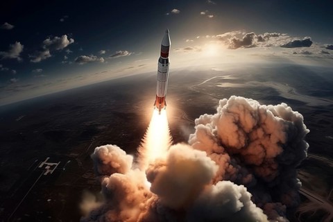 Aerial view of a rocket launch at sunrise sunset over an ocean coast. The rocket is blasting off