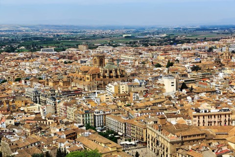 City view with cathedral, sea of houses from above, view from the Alhambra, Granada, Andalusia,