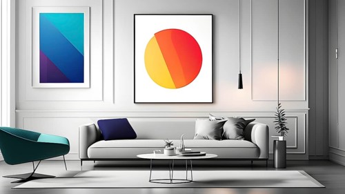Minimalist rendering showcasing a living room with an abstract picture as symbol for human