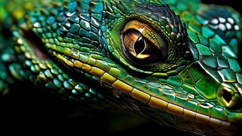 Close up on the wrinkled skin of an emerald lizzard with intricate patterns and vibrant hues, AI