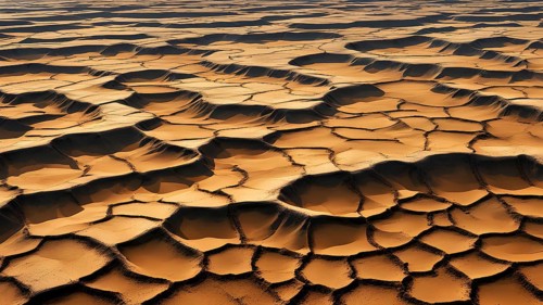 Aerial perspective of a salt and clay pan revealing the intricate patterns of its broken surface,