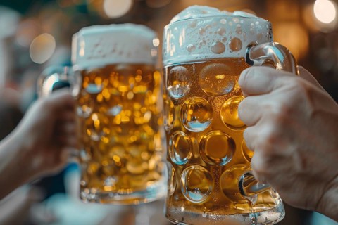 Close up of two large beer mugs clinking. Generative Ai, AI generated