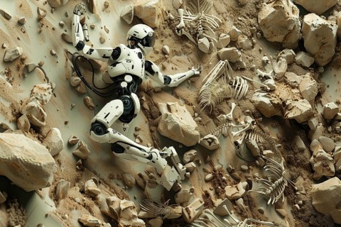 Robot fallen among small particles of waste, pieces of eroded rocks, remains of animal skeletons