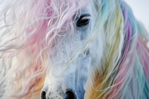 Portrait of white horse with rainbow colored mane. Generative Ai, AI generated