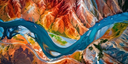 Aerial view perpendicular top down of an abstract colorful river along the coastline, AI generated