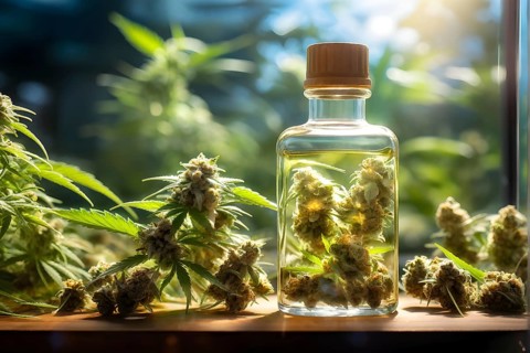 Glass jar filled with dried cannabis buds and oil on a weathered wooden counter, AI generated