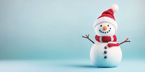 Cute snowman with knitted hatand scarf on blue background with copy space. Generative AI, AI