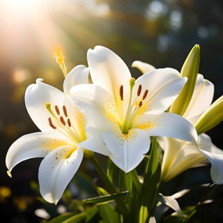 Blooming Easter lilies with soft white petals and a yellow center, bathed in gentle sunlight, AI