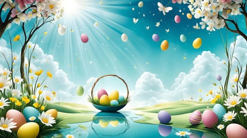 Surreal Easter scene with floating eggs, ribbons, and flowers in a dreamlike, whimsical composition