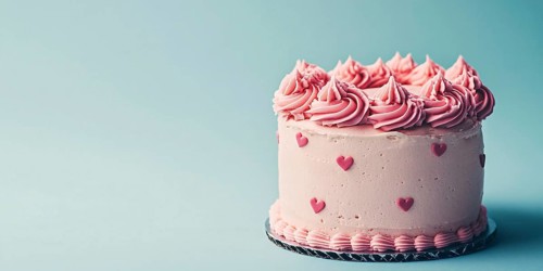 Pink cream cake with hearts on pastel blue background with copy space. Generative Ai, AI generated