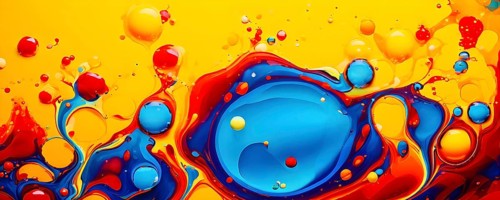 Abstract image with vibrant blue and red blobs and liquid shapes on a yellow background, AI