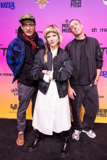 Andy Penn, Mieze Katz and Robert Bob Schütze from the band MIA. on the red carpet in front of the