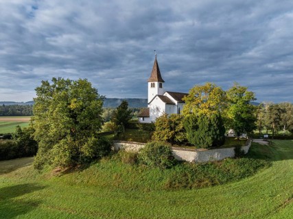 Aerial view of the Romanesque mountain church of St Michael near Büsingen am Hochrhein, district of