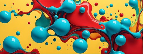 Abstract image with vibrant blue and red blobs and liquid shapes on a yellow background, AI