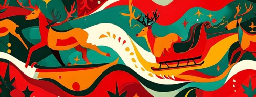Whimsical abstract scene with stylized reindeer and sleighs to capture the magic of Christmas, AI