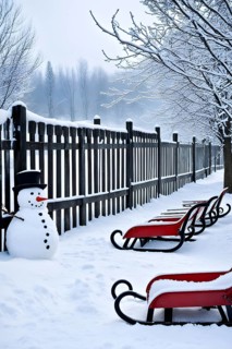 Rustic wooden sleds with frost covered branches and a snowman in the background, AI generated