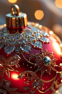 Close up of a frosted red Christmas ornament, detailed with tiny ice crystals, delicate carvings,
