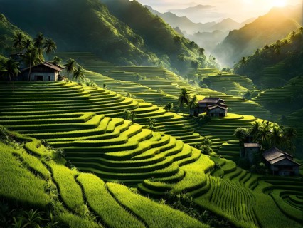Early morning light bathes Philippines rice terraces cascading down mountain slopes, AI generated