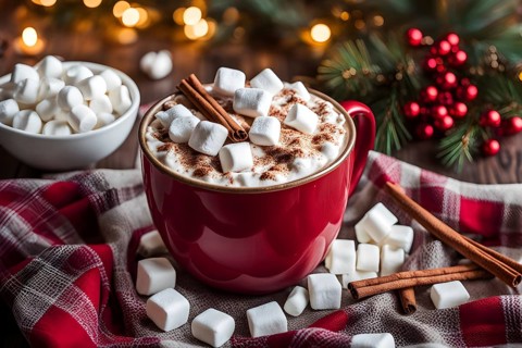 A close-up of a steaming cup of hot cocoa topped with marshmallows, surrounded by cinnamon sticks,