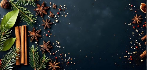 Abstract wallpaper illustration of Christmas spices like cinnamon sticks, star anise, and cloves,