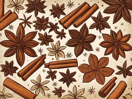 Abstract wallpaper illustration of Christmas spices like cinnamon sticks, star anise, and cloves,