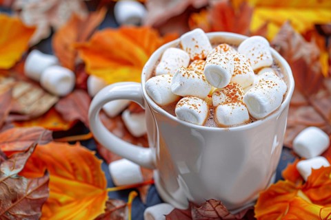 Mug with hot cocoa with marshmallows in colorful autumn leaves. Generative Ai, AI generated