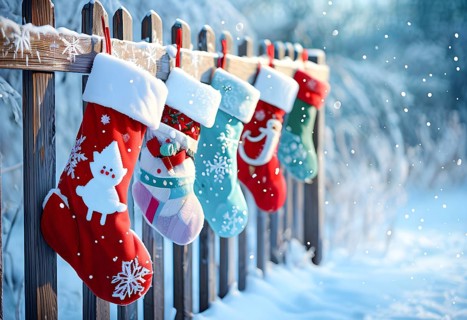 Row of Christmas stockings hanging from a snow-covered wooden fence, with delicate frost patterns