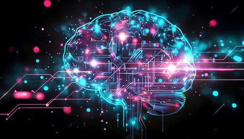 Abstract digital brain made of interconnected lines and glowing circuits in neon colors,